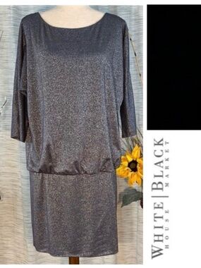 White House Black Market sparkling silver and gray 3/4 sleeve blouse dress.